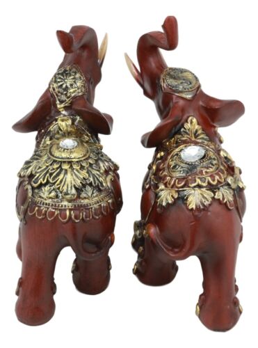 Ebros Gift Ebros Faux Wood Feng Shui Elephant With Trunk Up Statue Set Of 2 Long Decorated Thai Buddhism Noble Elephant Trumpeting Left And Right Directions Animal Sculpture