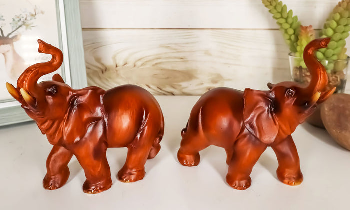 ebros gift Ebros Faux Wood Feng Shui Elephant with Trunk Up Statue Set of 2 Thai Buddhism
