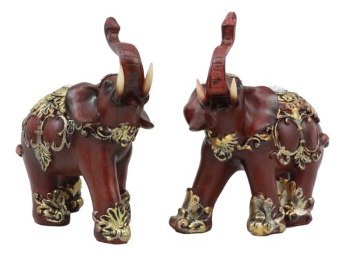 ebros gift Ebros Faux Wood Feng Shui Elephant with Trunk Up Statue Set of 2 Long Decorated Thai Buddhism Noble Elephant Trumpeting Left and Right Directions Animal Sculpture