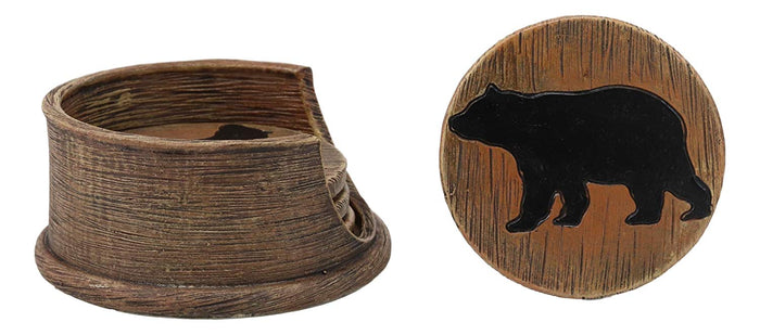 Ebros Gift Ebros Faux Wood Rustic Forest Black Bear Coaster Holder With 4 Round Coasters Set