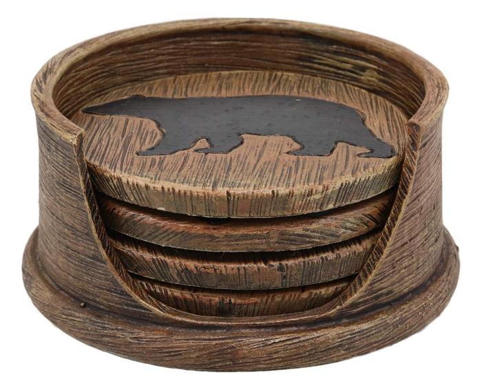 Ebros Gift Ebros Faux Wood Rustic Forest Black Bear Coaster Holder With 4 Round Coasters Set