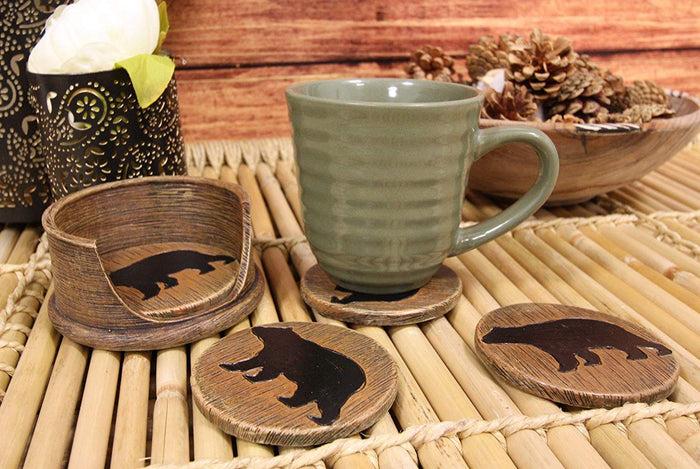 ebros gift Ebros Faux Wood Rustic Forest Black Bear Coaster Holder With 4 Round Coasters Set