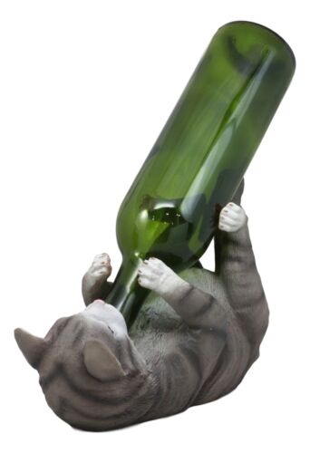 Ebros Gift Ebros Feline Tabby Grey Kitty Cat Wine Bottle Holder Caddy Figurine (Grey)