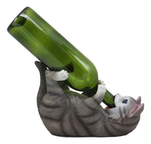 ebros gift Ebros Feline Tabby Grey Kitty Cat Wine Bottle Holder Caddy Figurine (Grey)