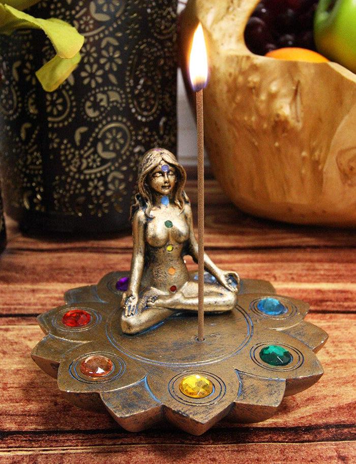 ebros gift Ebros Feminine Triple Goddess Yoga with Chakra Lotus Flower Incense Stick Holder