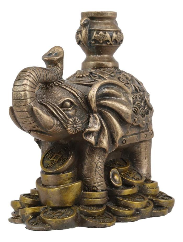 Ebros Gift Ebros Feng Shui Auspicious Elephant With Trunk Up Standing On Gold Ingot Coins Statue