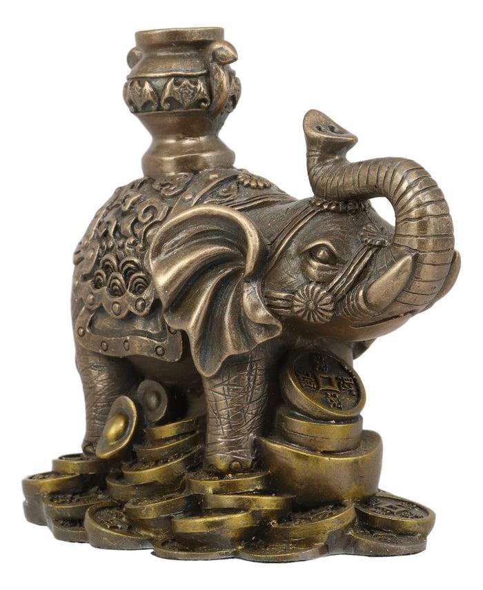 Ebros Gift Ebros Feng Shui Auspicious Elephant With Trunk Up Standing On Gold Ingot Coins Statue