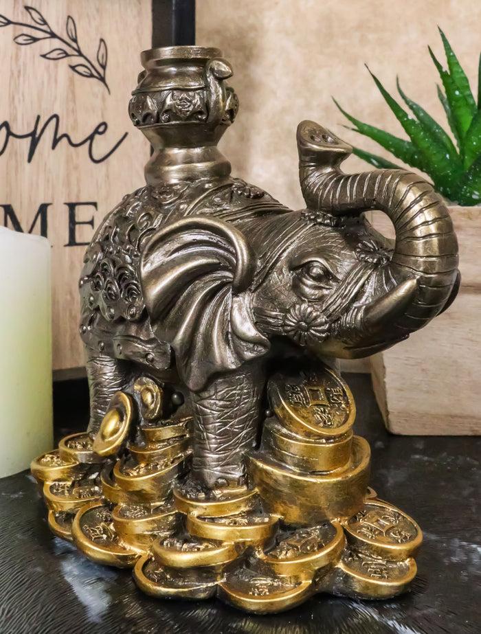 ebros gift Ebros Feng Shui Auspicious Elephant With Trunk Up Standing On Gold Ingot Coins Statue