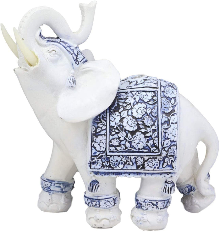 Ebros Gift Ebros Feng Shui Blue & White Floral Left Facing Elephant With Trunk Up Figurine