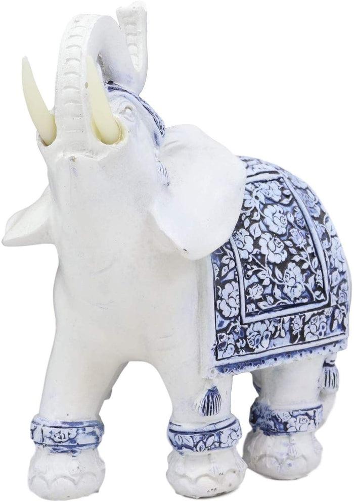 Ebros Gift Ebros Feng Shui Blue & White Floral Left Facing Elephant With Trunk Up Figurine