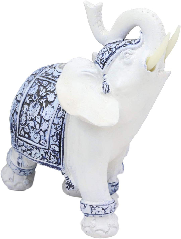 Ebros Gift Ebros Feng Shui Blue & White Floral Left Facing Elephant With Trunk Up Figurine