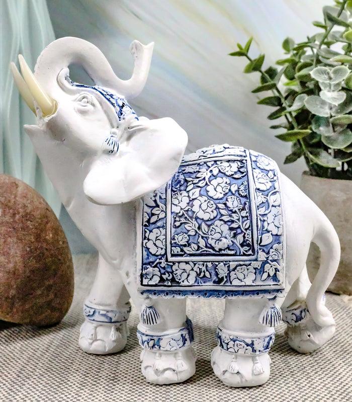 ebros gift Ebros Feng Shui Blue & White Floral Left Facing Elephant With Trunk Up Figurine
