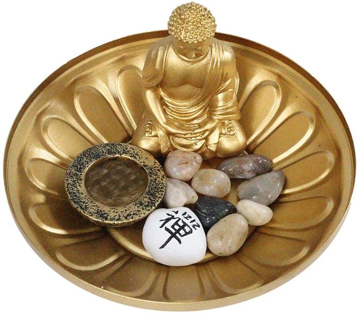 Ebros Gift Ebros Feng Shui Golden Meditating Buddha Zen Dish With Pebbles & Lotus Flower
