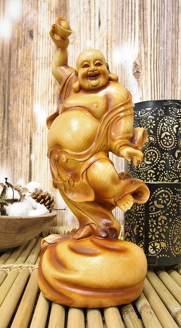 ebros gift Ebros Feng Shui Hotei Dancing Buddha with Gold Ingot and Money Bag Statue 11" H