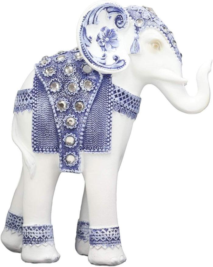 Ebros Gift Ebros Feng Shui Ming Style Blue And White Ornate Design With Crystals Trunk Up Elephant Statue 8.75" High