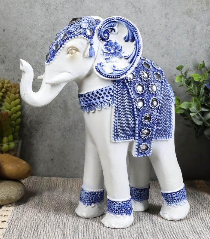 ebros gift Ebros Feng Shui Ming Style Blue and White Ornate Design with Crystals Trunk Up Elephant Statue 8.75" High