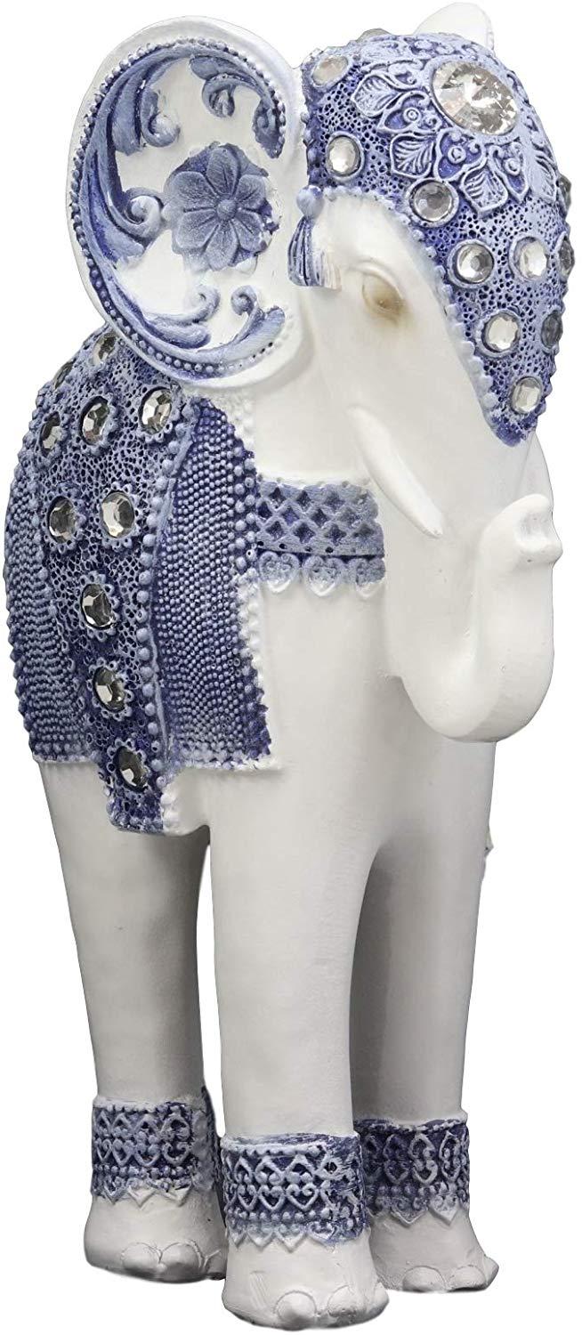 Ebros Gift Ebros Feng Shui Ming Style Blue And White Ornate Design With Crystals Resting Elephant Statue 9.25" High