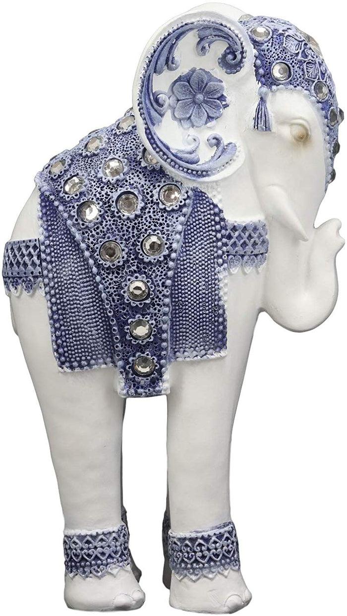 Ebros Gift Ebros Feng Shui Ming Style Blue And White Ornate Design With Crystals Resting Elephant Statue 9.25" High