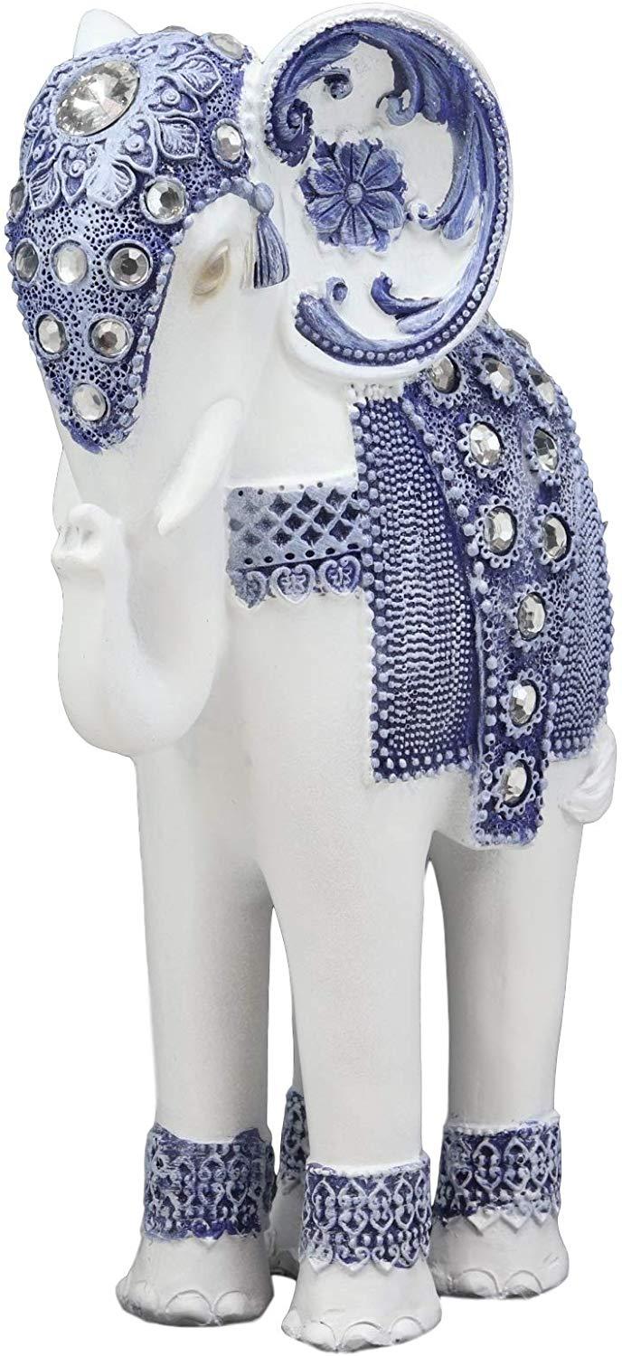 Ebros Gift Ebros Feng Shui Ming Style Blue And White Ornate Design With Crystals Resting Elephant Statue 9.25" High