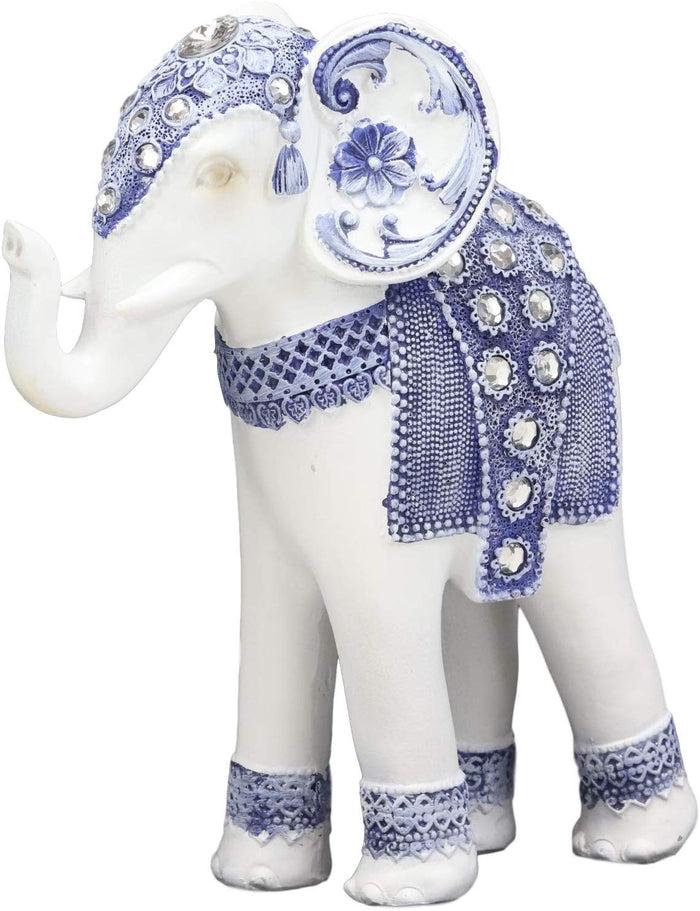 Ebros Gift Ebros Feng Shui Ming Style Blue And White Ornate Design With Crystals Trunk Up Elephant Statue 8.75" High