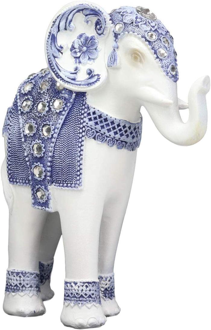 Ebros Gift Ebros Feng Shui Ming Style Blue And White Ornate Design With Crystals Trunk Up Elephant Statue 8.75" High