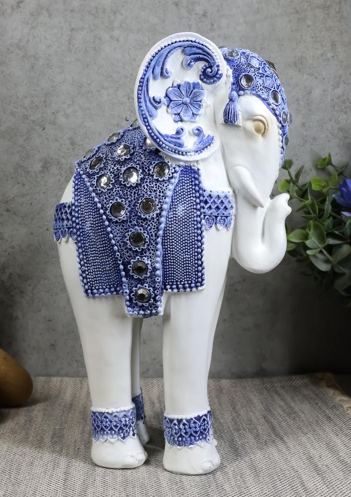 ebros gift Ebros Feng Shui Ming Style Blue and White Ornate Design with Crystals Resting Elephant Statue 9.25" High
