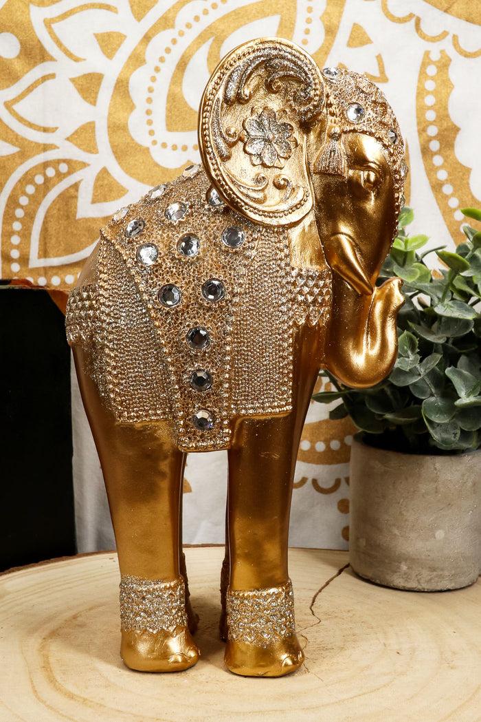 Ebros Gift Ebros Feng Shui Royal Gold Ornate Design With Crystals And Glitters Resting Elephant Statue 9.25" High Vastu 3D Zen Elephants Figurine Symbol Of Wisdom Wealth Fortune Success And Protection