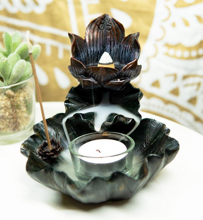 ebros gift Ebros Feng Shui Zen Lotus Flower Incense Cone & Stick Burner Candle Holder Figurine