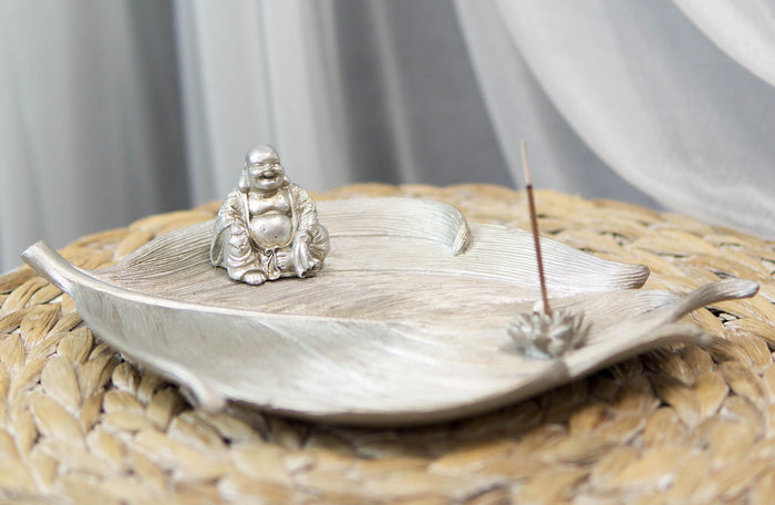ebros gift Ebros Fengshui Laughing Buddha Silver Finish Incense Holder 10.5"Long