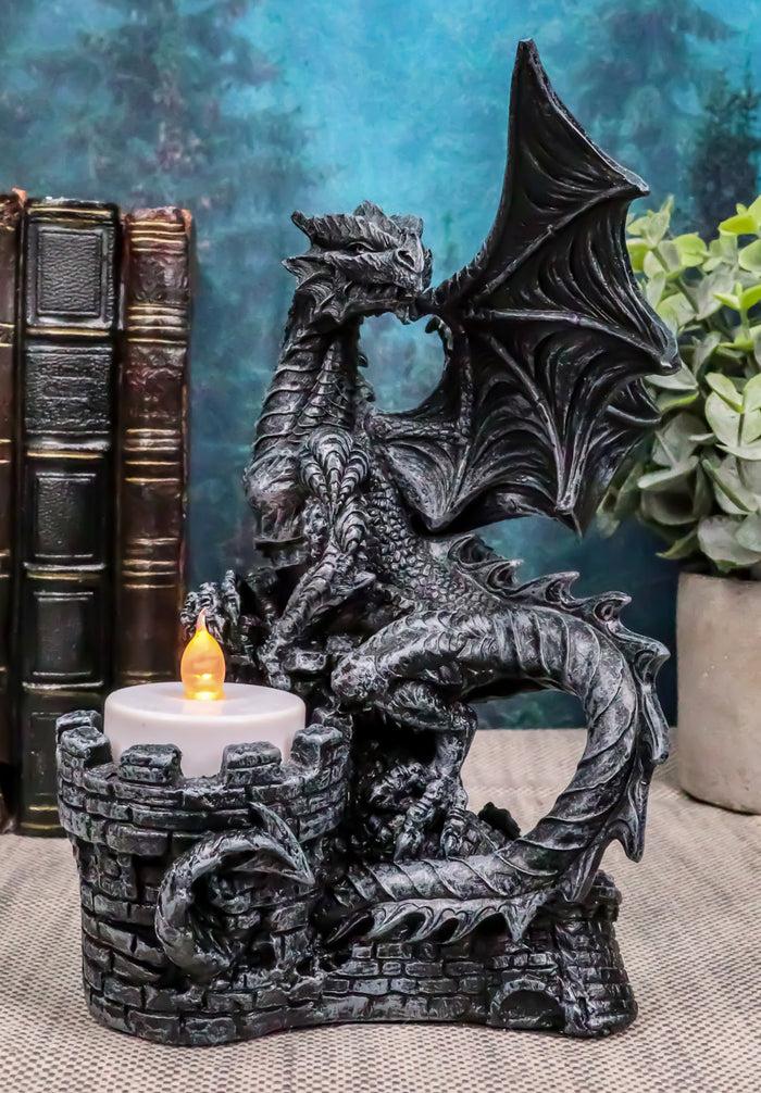 ebros gift Ebros Fire Dragon Perching On Castle Fortress Turret Tea Light Candle Holder Statue 7"Tall Fantasy Faux Stone Gothic Dungeons And Dragons Candleholder Decor Medieval Renaissance Age of Kings Sculpture