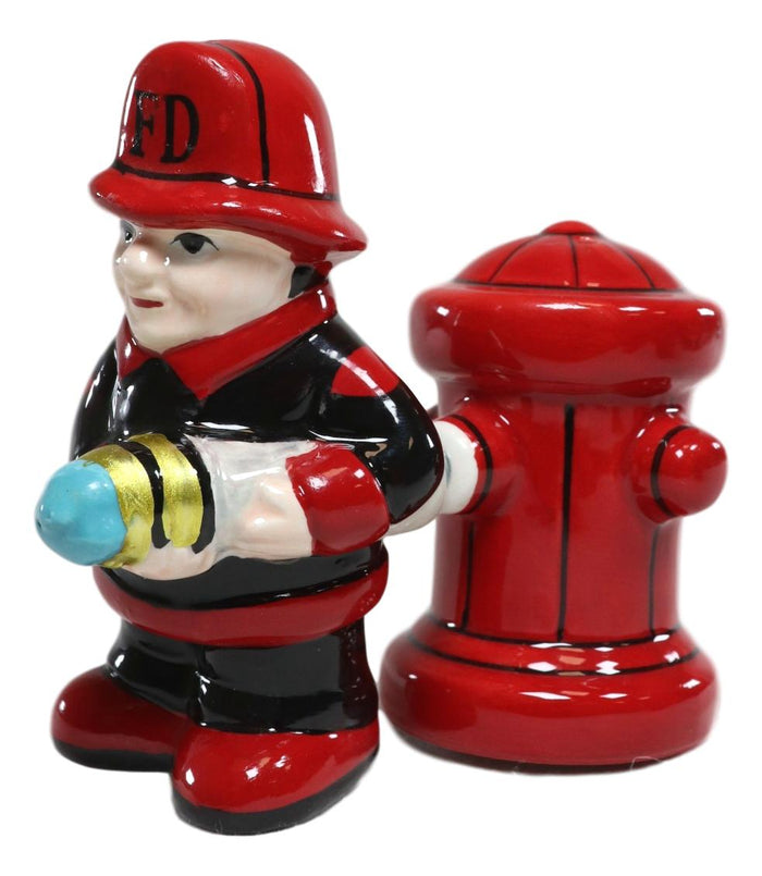 Ebros Gift Ebros Fireman Fighter W/ Hose By Red Fire Hydrant Ceramic Salt & Pepper Shakers
