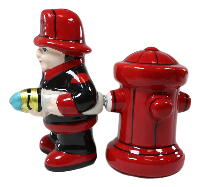 Ebros Gift Ebros Fireman Fighter W/ Hose By Red Fire Hydrant Ceramic Salt & Pepper Shakers