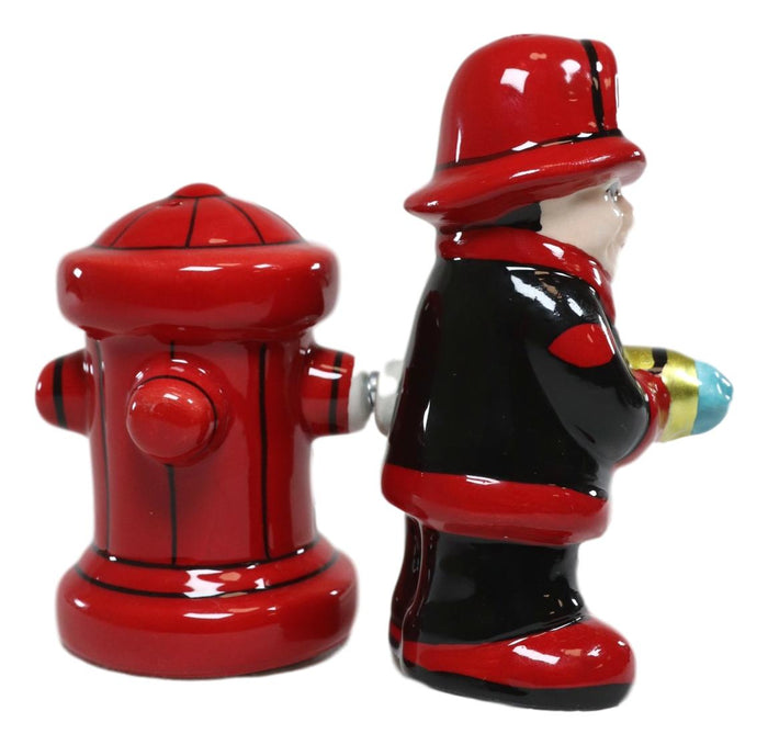 Ebros Gift Ebros Fireman Fighter W/ Hose By Red Fire Hydrant Ceramic Salt & Pepper Shakers