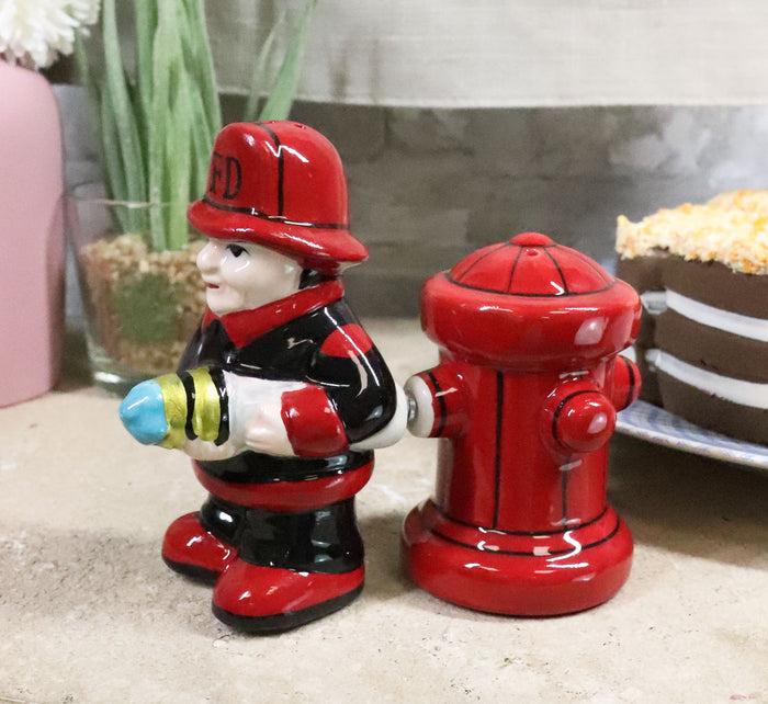 ebros gift Ebros Fireman Fighter W/ Hose By Red Fire Hydrant Ceramic Salt & Pepper Shakers