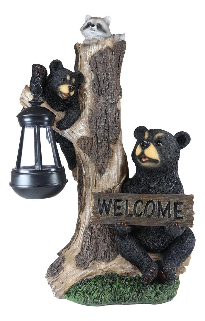 Ebros Gift Ebros Forest Black Bear Mama And Cub With Raccoon Welcome Sign Solar LED Light Statue