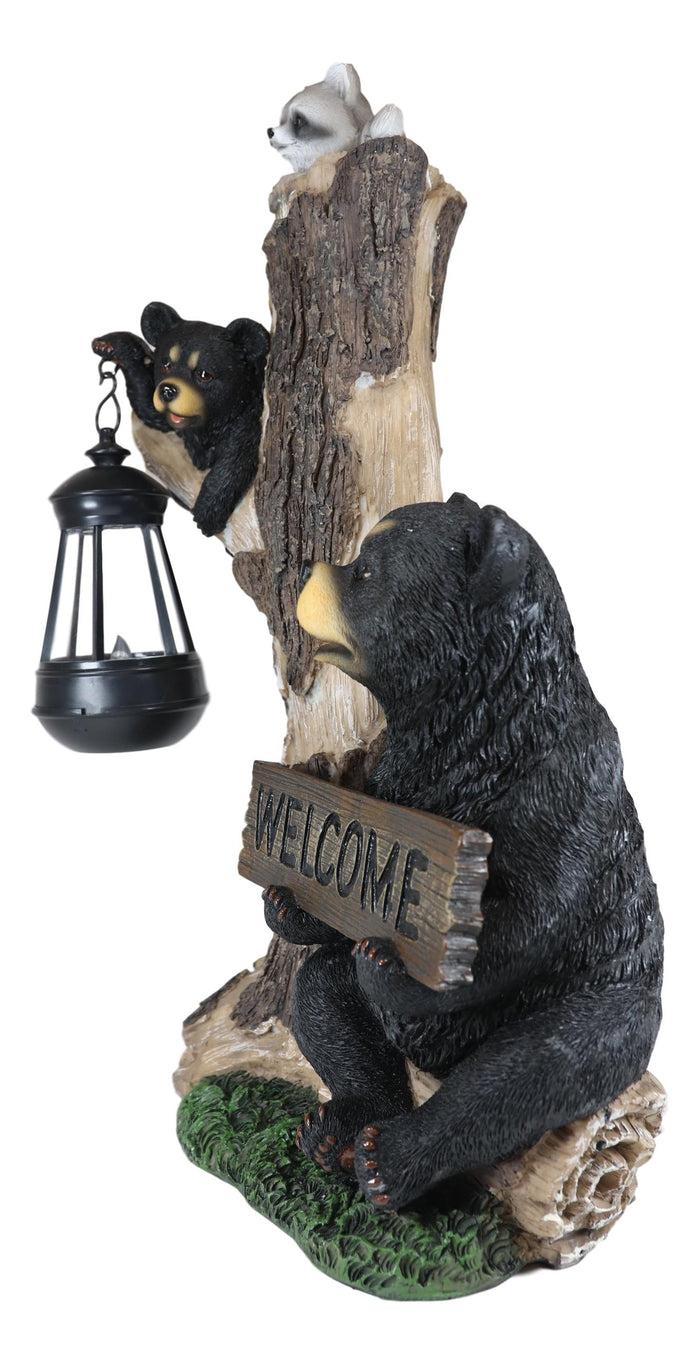 Ebros Gift Ebros Forest Black Bear Mama And Cub With Raccoon Welcome Sign Solar LED Light Statue