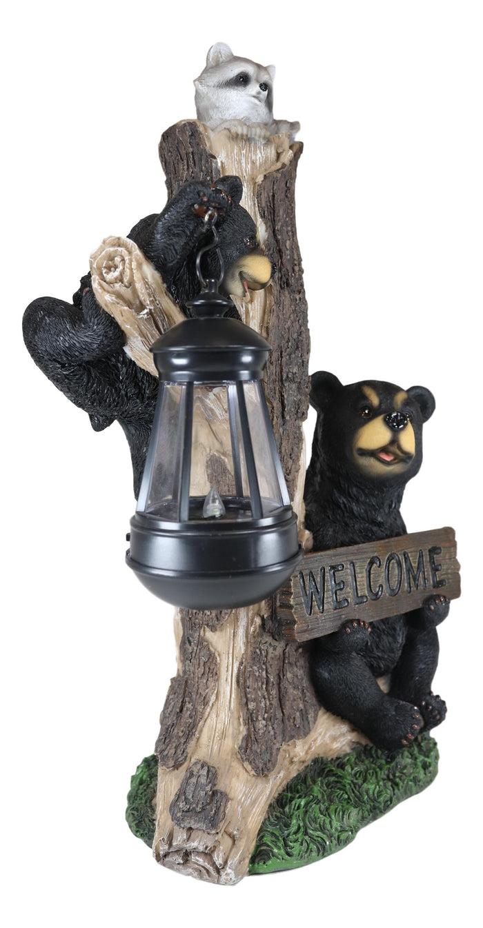 Ebros Gift Ebros Forest Black Bear Mama And Cub With Raccoon Welcome Sign Solar LED Light Statue