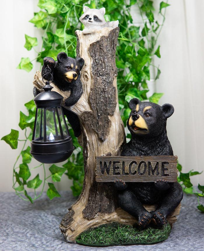 ebros gift Ebros Forest Black Bear Mama And Cub With Raccoon Welcome Sign Solar LED Light Statue