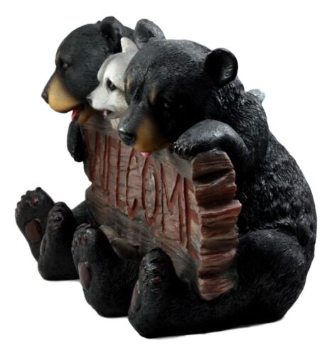 Ebros Gift Ebros Forest Pals Welcome Sign Twin Black Bears And Racoon Garden Greeter Statue 16"L