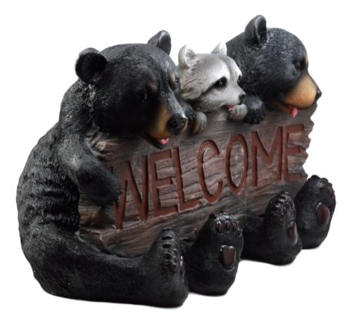 Ebros Gift Ebros Forest Pals Welcome Sign Twin Black Bears And Racoon Garden Greeter Statue 16"L