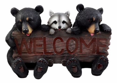 Ebros Gift Ebros Forest Pals Welcome Sign Twin Black Bears And Racoon Garden Greeter Statue 16"L