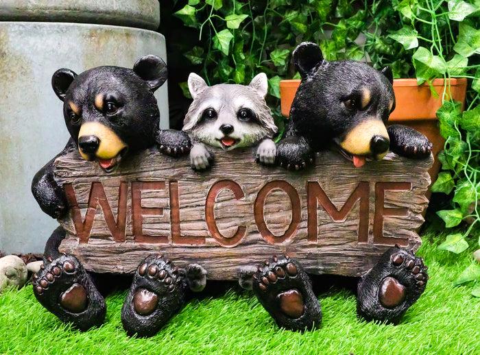 ebros gift Ebros Forest Pals Welcome Sign Twin Black Bears And Racoon Garden Greeter Statue 16"L