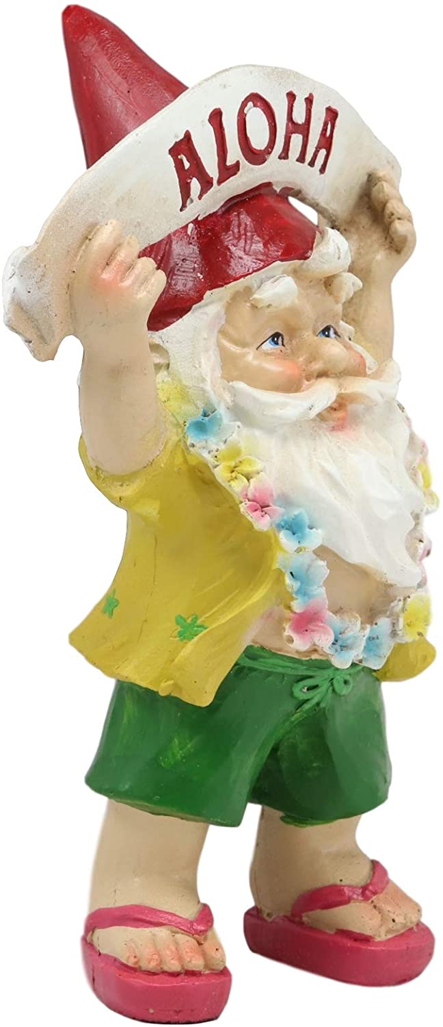 Ebros Gift Ebros Free Spirited Hippie Hawaii Themed Vacation Fairy Garden Gnome Holding Aloha Banner Figurine DIY Mr Gnomes Collection Statue Home Decor