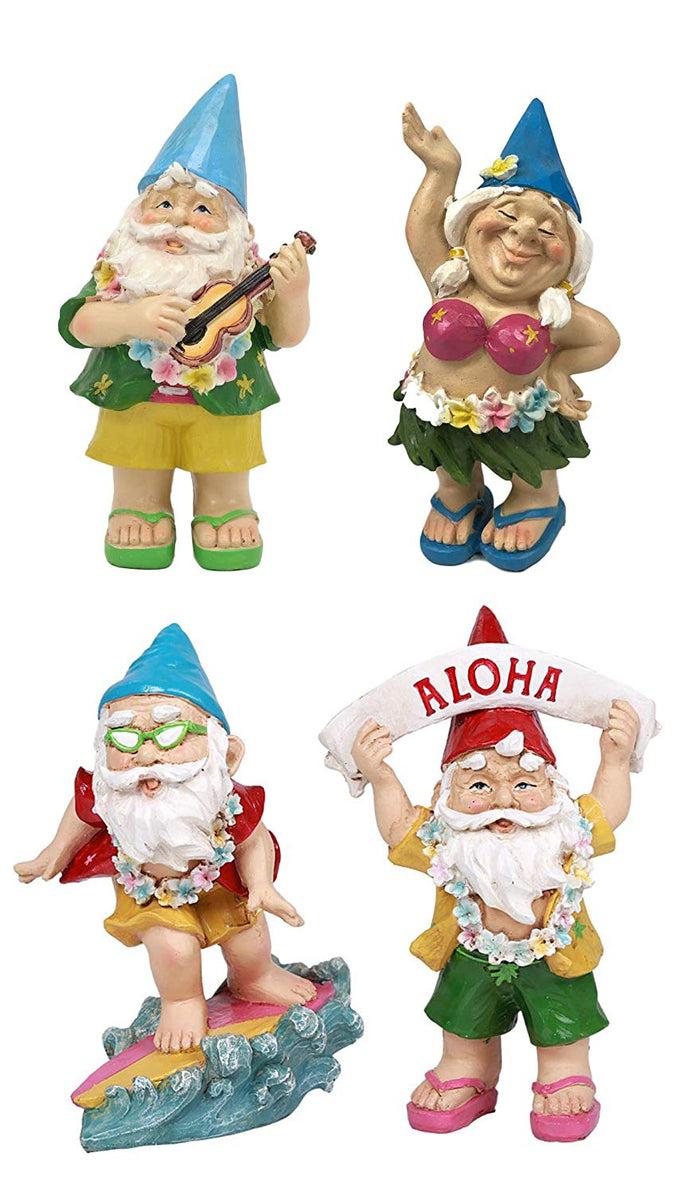 ebros gift Ebros Free Spirited Hippie Hawaii Themed Vacation Fairy Garden Gnome Figurines Set of 4 DIY Mr and Mrs Gnomes Ukulele Surfer Aloha Hula Dancer Collection Statue Home Decor