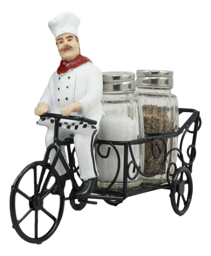 Ebros Gift Ebros French Bistro Chef Riding On Bicycle Spice Cart Salt And Pepper Shakers Holder Figurine 6"Tall Iron Chef Spice Delivery