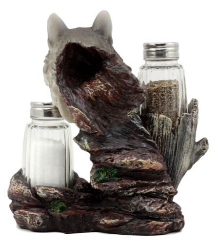 Ebros Gift Ebros Full Moon Lone Alpha Gray Wolf Glass Salt & Pepper Shakers Holder Decor