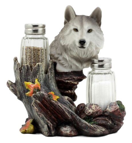 Ebros Gift Ebros Full Moon Lone Alpha Gray Wolf Glass Salt & Pepper Shakers Holder Decor