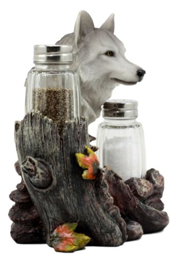 Ebros Gift Ebros Full Moon Lone Alpha Gray Wolf Glass Salt & Pepper Shakers Holder Decor