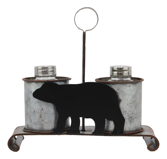 Ebros Gift Ebros Galvanized Metal Western Rustic Black Bear Salt & Pepper Shakers Holder Carrier