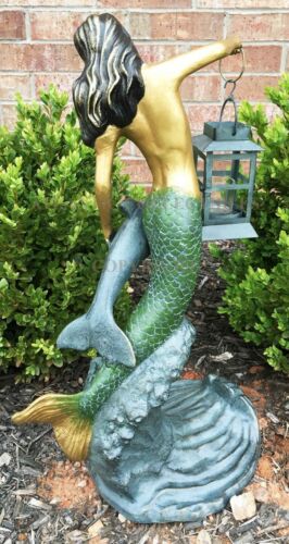 Ebros Gift Ebros Garden Ocean Mermaid Goddess Holding Candle Lantern Aluminum Statue 21"H